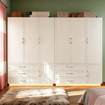 72" Armoire Wardrobe Closet with 3 Door Wooden Bedroom Armoire with LED Light 3 Drawers Large Modern Wardrobe Cabinet with Retro Ceramic Door Handles and Removable Hanging Rod White