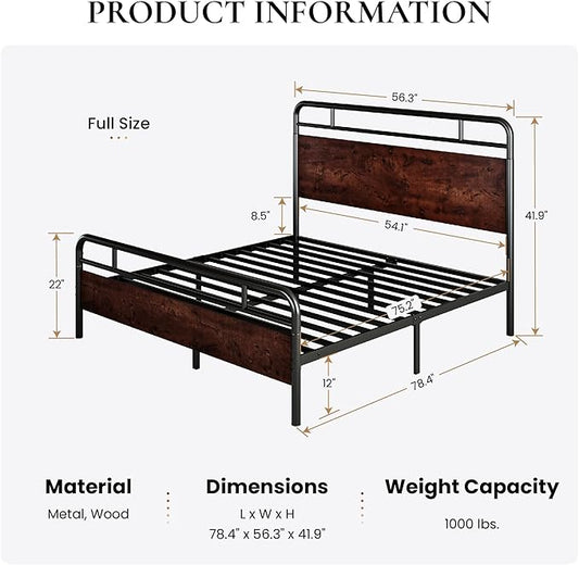 SHA CERLIN Full Size Bed Frame with Wooden Headboard and Footboard, Rounded Corner Metal Structure, Heavy Duty Slats with Under-Bed Storage, No Box Spring Needed, Mahogany