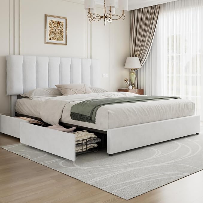 VECELO King Size Bed Frame with 4 Storage Drawers, Adjustable Height Headboard, Heavy-Duty Bedframe with Strong Wooden Slats, No Box Spring Needed, Pure White