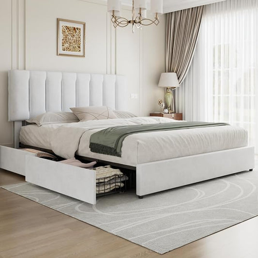 VECELO King Size Bed Frame with 4 Storage Drawers, Adjustable Height Headboard, Heavy-Duty Bedframe with Strong Wooden Slats, No Box Spring Needed, Pure White