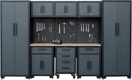 Garage Storage Cabinet System, 9PCS Tool Chest Workbench Storage System in Black, Included Steel Cabinets Drawers Rolling Chest and Pegboard,Locked Garage Storage Cabinet,Grey Handle