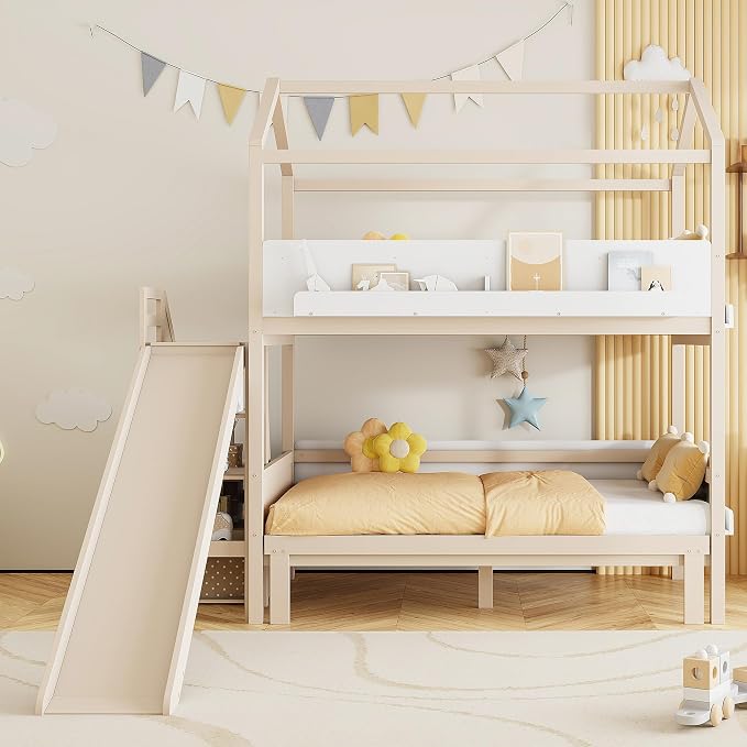 Harper & Bright Designs House Bunk Bed with Trundle and Bookshelf, Twin Over Full Bunk Bed with Slide and Stairs for Kids Teens Adults, Space Saving, No Box Spring Needed, Beige+White