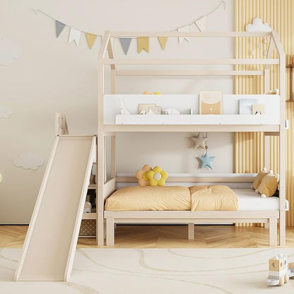 Harper & Bright Designs House Bunk Bed with Trundle and Bookshelf, Twin Over Full Bunk Bed with Slide and Stairs for Kids Teens Adults, Space Saving, No Box Spring Needed, Beige+White