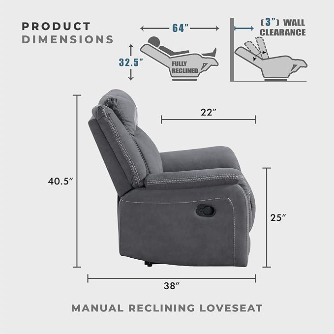 Lexicon Manual Double Reclining Loveseat, Polished Microfiber Manual Wall Hugger Loveseat Recliner for Living Room, Center Storage Console/Cup Holders, Easy Assembly, Gray