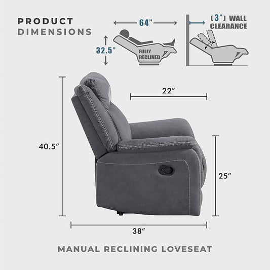 Lexicon Manual Double Reclining Loveseat, Polished Microfiber Manual Wall Hugger Loveseat Recliner for Living Room, Center Storage Console/Cup Holders, Easy Assembly, Gray