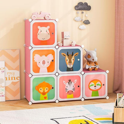 HONEY JOY Kids Wardrobe Closet, Baby Cartoon Clothes Storage Organizer, 8 Cubes & 2 Hanging Sections, Portable Children DIY Modular Bedroom Armoire Dresser Cabinet for Boys Girls (Pink, 8-Cube)