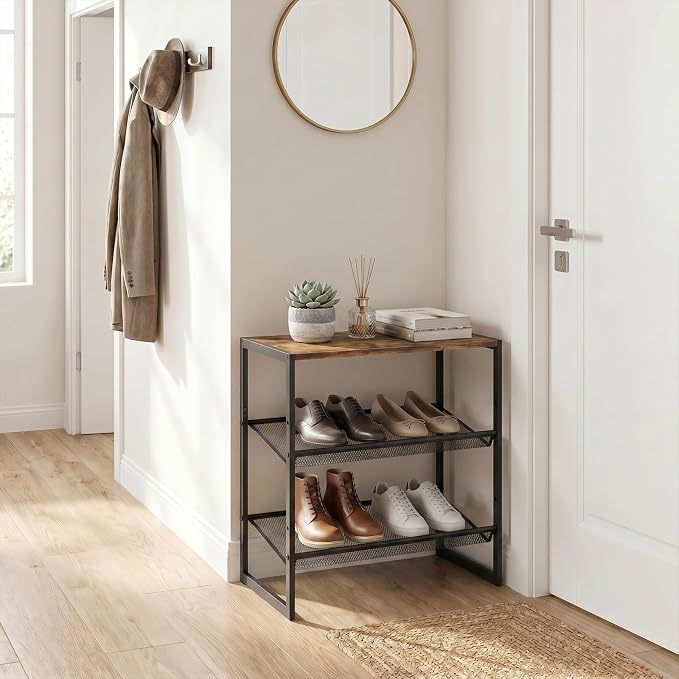 Shoe Rack for Entryway，3 Tier Shoe Storage Organizer，Sturdy Shoe Shelf,Boot Rack with a Fine Mesh Shelves，for Living Room, Hallway，Small Space,11.8 x 16.5 x 19.7 Inches,Brown