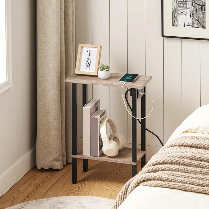 HOOBRO Narrow Side Tables, Set of 2, 2-Tier Slim End Tables with Charging Station, Skinny Nightstands with Open Storage, for Small Spaces, Living Room, Bedroom, Study,Greige and Black BG240UBZP201