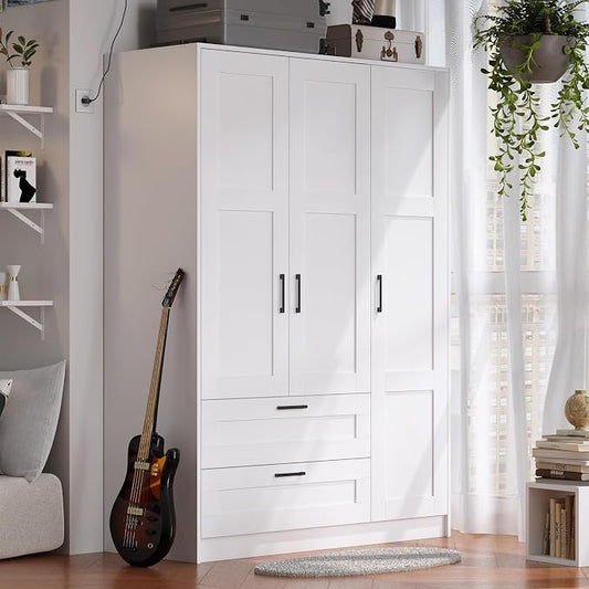 Fenghua Lizhi 3 Doors Wooden Wardrobe Closet Armoire, White Storage Cabinet for Hanging Clothes, Bedroom Large Capacity Freestanding Armoire,Wood Wardrobe Combination with Shelves (2drawer, White)