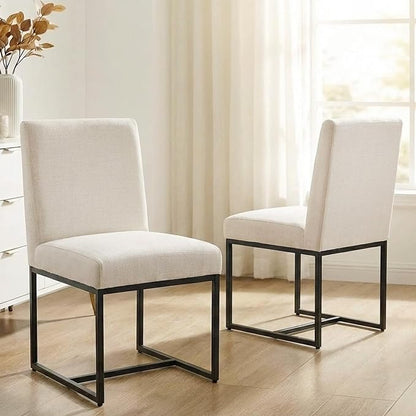 VESCASA Linen Upholstered Dining Chairs Set of 2, Mid Century Modern Padded Chair with Black Metal Frame for Restaurant, Dining Room, Kitchen, Cream