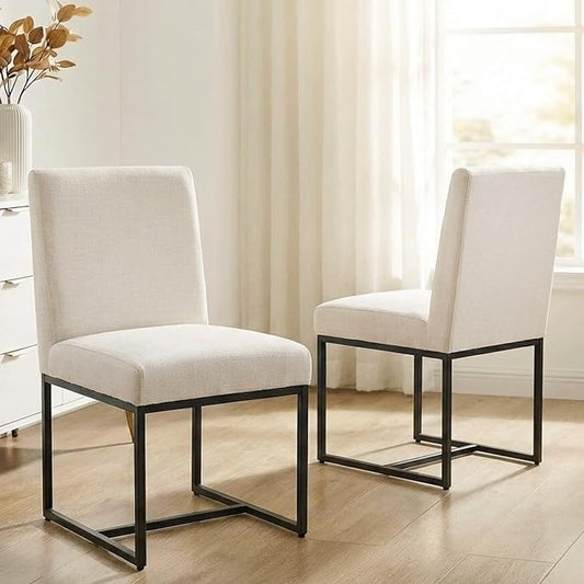 VESCASA Linen Upholstered Dining Chairs Set of 2, Mid Century Modern Padded Chair with Black Metal Frame for Restaurant, Dining Room, Kitchen, Cream