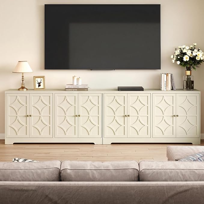 RoyalCraft 112'' Sideboard Buffet Cabinet with Storage, Modern Sideboard with 4 Carved Doors and Adjustable Shelves, Large Wood Coffee Bar Console Table for Kitchen, Dining Room, Beige