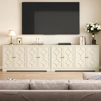 RoyalCraft 112'' Sideboard Buffet Cabinet with Storage, Modern Sideboard with 4 Carved Doors and Adjustable Shelves, Large Wood Coffee Bar Console Table for Kitchen, Dining Room, Beige