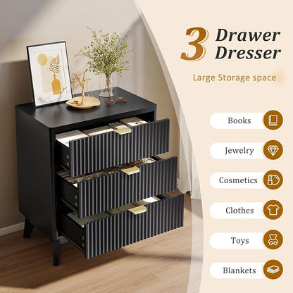 LYNCOHOME Fluted Nightstand Set of 2, Wood Bedside Table with 3 Drawers, Modern Farmhouse Storage End Table for Bedroom, Black