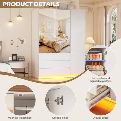 PAKASEPT 3 Doors Armoire Wardrobe Closet, 72.83" H Bedroom Armoires | Clothing Storage Cabinet with Mirror & Lights, 3 Drawers, Hanging Rod & Shelves for Bedroom