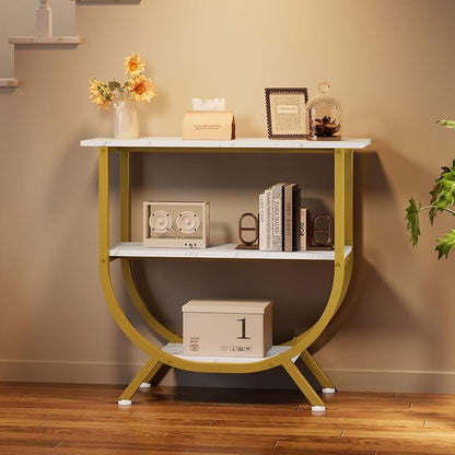 Trironsun 3 Tier Console Table with Storage 30" Height Entryway Table with Open Shelves Industrial Sofa Table Behind Couch for Living Room Hallway Entrance (Gold White)
