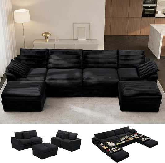 Upgrade Boneless Couch with Storage, Extra Deep&High Seat Modular Sectional Sofa 4 Seater U Shaped Cloud Couch with Ottoman, Tool-Free Assembly Sectional Couches for Living Room