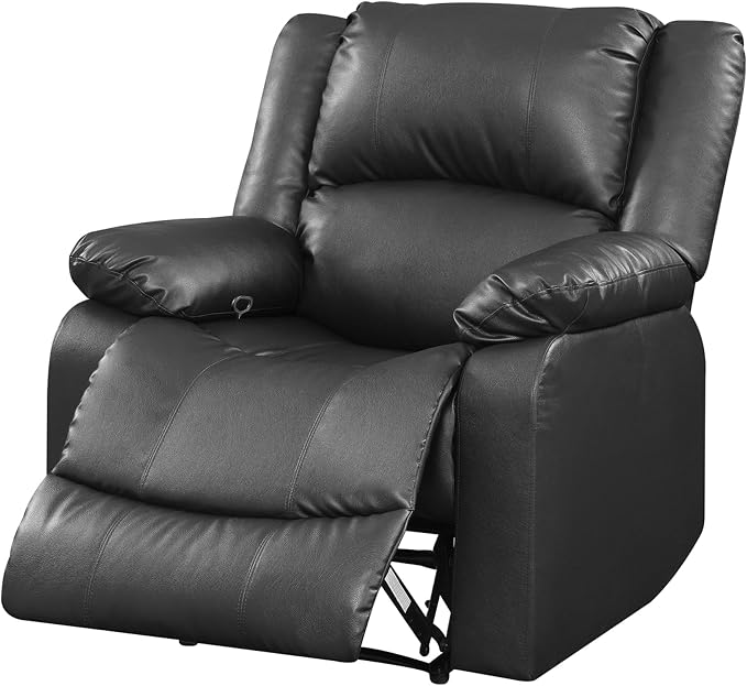 Warren 35.5" Manual Pull-Handle Recliner, Traditional Overstuffed, Pocket Coil Comfort, Black Metal Base Legs, Soft Vegan Leather Fabric, Black