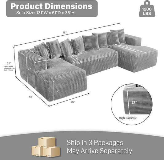 131" Oversized U Shaped Cloud Sectional Couches for Living Room, Comfy Fluffy Corduroy Grey Boneless Sectionals Couch, Plush Memory Foam Modular Sectional Sofa with Chaise- 19" Seat Height