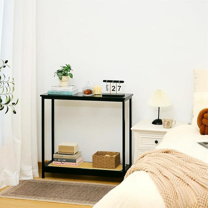 Bamboo Narrow Console Table, 31.5"(L) Wood Small Entryway Table with Rattan and Glass, Accent Slim Hallway Tables, Thin Sofa Side Tables for Hallway, Living Room, Bedroom, Foyer, Black