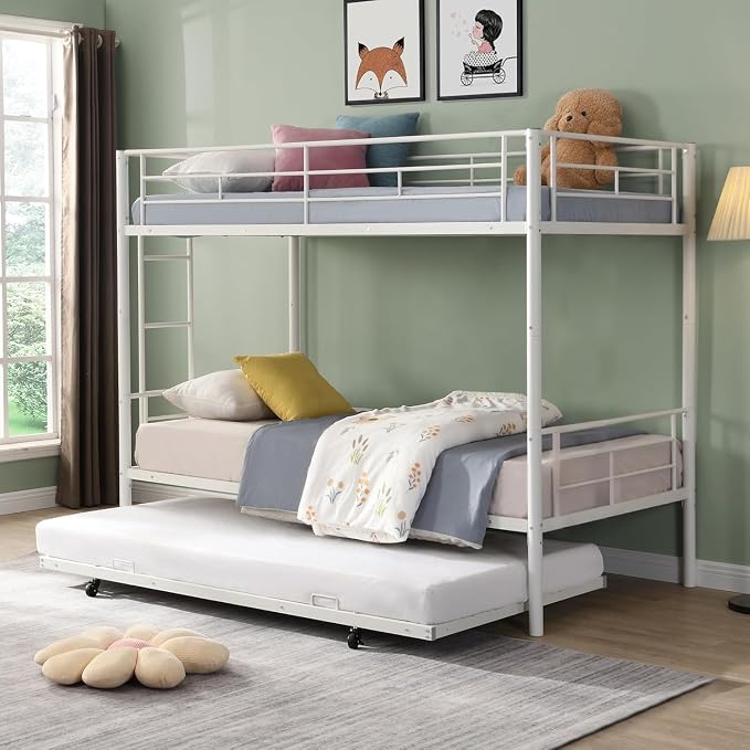 Twin Over Twin Metal Bunk Bed with Trundle,Can be Divided Into Two Bed with Ladder & Guard Rail for Adults,No Box Spring Needed, Noise Free (White)