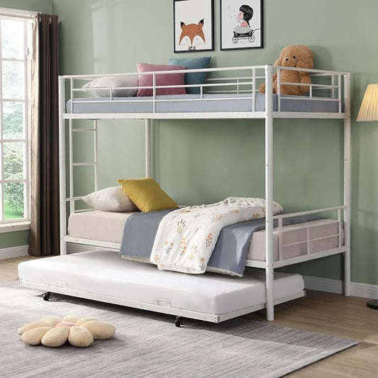 Twin Over Twin Metal Bunk Bed with Trundle,Can be Divided Into Two Bed with Ladder & Guard Rail for Adults,No Box Spring Needed, Noise Free (White)