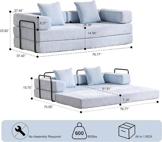ZEIINPA Convertible Floor Sofa Bed with Fixed-Shape Frame, Modular Chenille Folding Mattress Couch with Armrest, Floor Sofa Lounge Couch for Living Room Bedroom Lounge Studio,Sky Blue
