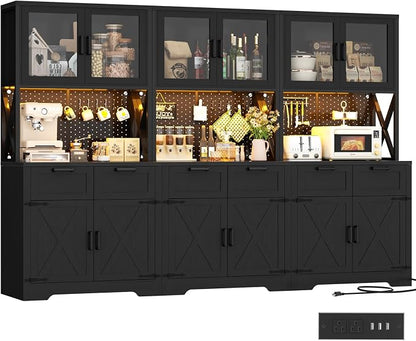 Unikito 94.5" Extra Wide Kitchen Pantry Cabinet with 3 Power Outlets & LED Light, 71" Tall Large Kitchen Hutch Cabinet with Countertop, DIY Pegboard with Hooks & Drawers, Farmhouse Food Pantry, Black