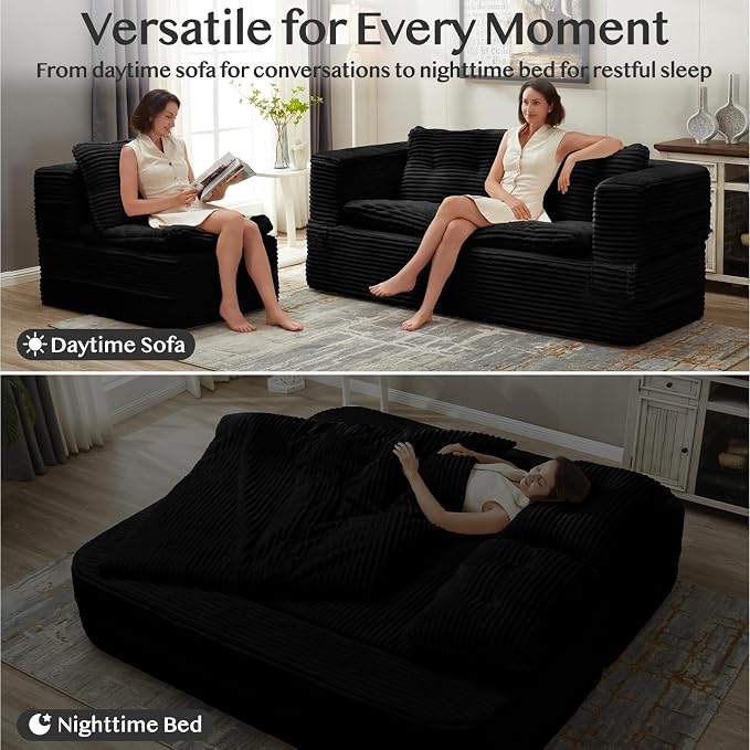 80'' Futon Sofa Bed, King Size Foldable Sleeper Sofa, Corduroy Boneless Loveseat Couch with Chaise Lounge, 3 Pillows, Blanket, Upholstered Sectional Couches for Living Room, Bedroom, Black