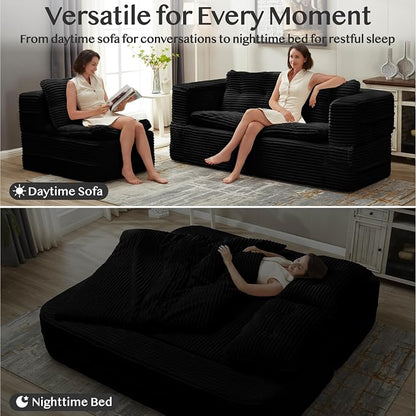 80'' Futon Sofa Bed, King Size Foldable Sleeper Sofa, Corduroy Boneless Loveseat Couch with Chaise Lounge, 3 Pillows, Blanket, Upholstered Sectional Couches for Living Room, Bedroom, Black