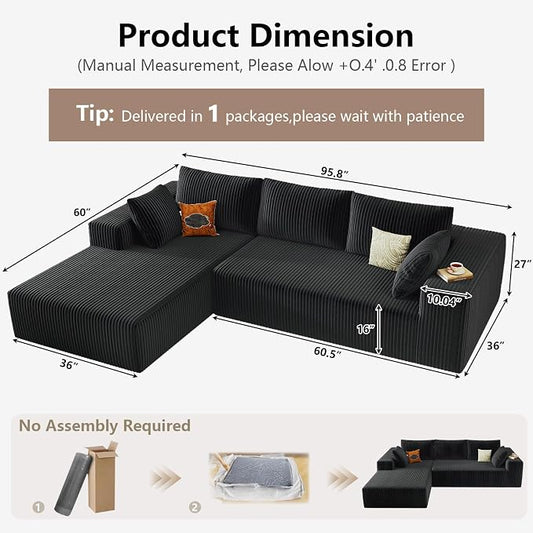 95" Cloud Sectional Couch with L-Shape Chaise, Modular Comfy Sofa Chaise Longue, Upholstered Corduroy Couches Sleeper with Deep Seat for Living Room Bedroom, No Assembly Required(Black, Left Facing)