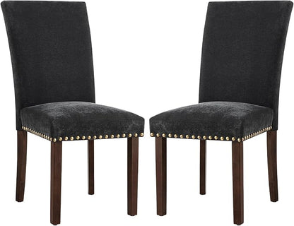 COLAMY Upholstered Parsons Dining Chairs Set of 2, Fabric Dining Room Kitchen Side Chair with Nailhead Trim and Wood Legs - F-Black