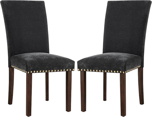 COLAMY Upholstered Parsons Dining Chairs Set of 2, Fabric Dining Room Kitchen Side Chair with Nailhead Trim and Wood Legs - F-Black
