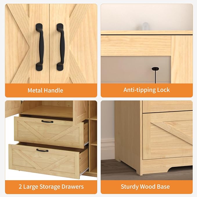 Armoire Wardrobe Closet with 3 Door, Bedroom Armoire with Mirror, LED Light, Hanging Rod, Drawers,Adjustable Shelves,Large Capacity Closet for Bedroom,47.2L,Natural