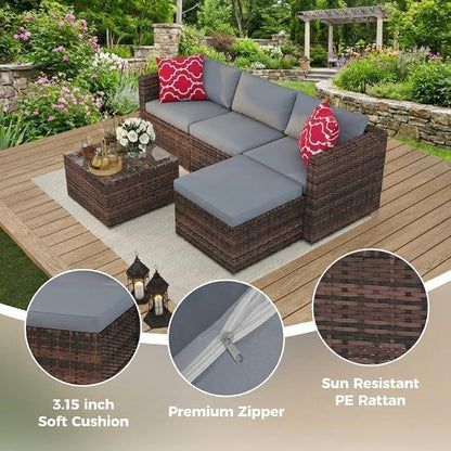 5 PCS Outdoor Sectional Sofa Set, Outdoor Patio Set Sectional Sofa, All-Weather PE Rattan Patio Furniture with Ottoman & Tempered Glass Table for Garden, Backyard, Porch, Poolside (Brown/Gray)