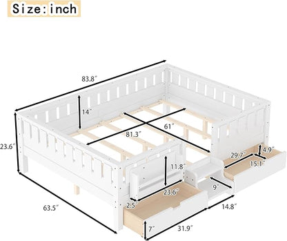 Bellemave Queen Size Kids Montessori Bed with Stairs and Bookshelf,Solid Wood Queen Size Kids Bed Frame with Drawers and Storage for Girls Boys,Low-Profile,White