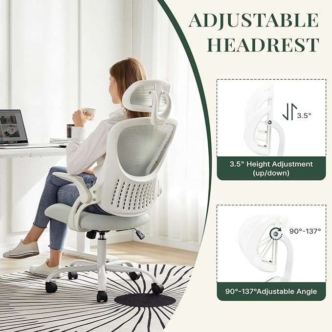 Ergonomic Office Chair, Comfy Desk Chair with Wheels, Adjustable Headrests, Flip-Up Armrests, Breathable Mesh High-Back, Comfortable Swivel Seating for Home Computer, Grey