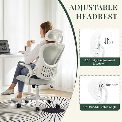Ergonomic Office Chair, Comfy Desk Chair with Wheels, Adjustable Headrests, Flip-Up Armrests, Breathable Mesh High-Back, Comfortable Swivel Seating for Home Computer, Grey