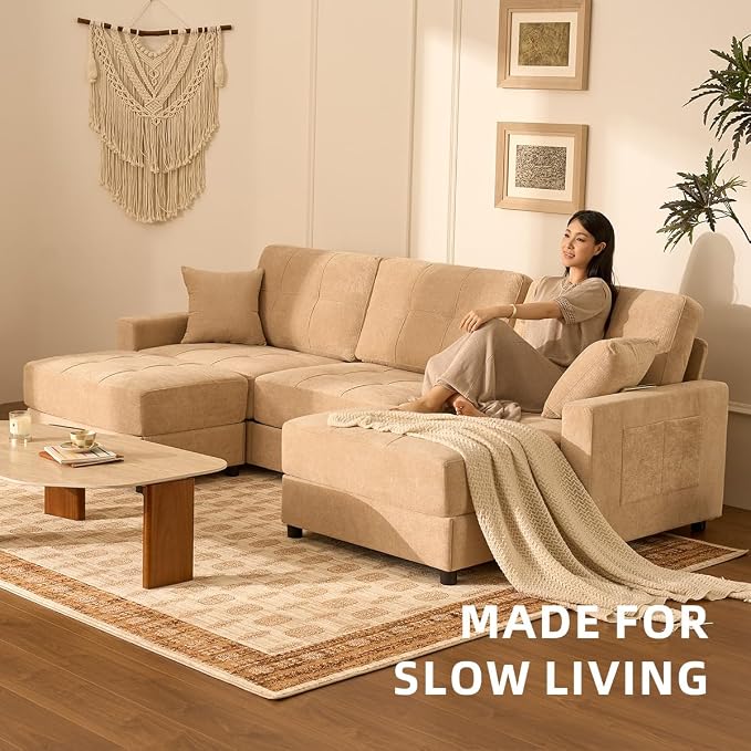 112" U Shaped Modular Cloud Sectional Couch, Waffle Fabric, Oatmeal Beige | Modular Deep Seat Sofa, Movable Ottoman, Pocket Spring Cushions, 2-Box Delivery, Living Room Lounge Use, Not Boneless