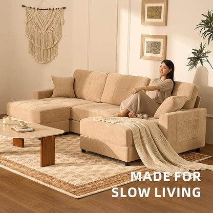 112" U Shaped Modular Cloud Sectional Couch, Waffle Fabric, Oatmeal Beige | Modular Deep Seat Sofa, Movable Ottoman, Pocket Spring Cushions, 2-Box Delivery, Living Room Lounge Use, Not Boneless