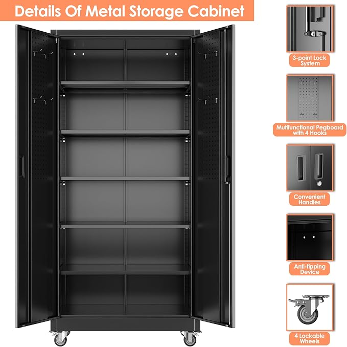 Garage Storage Cabinet with Wheels & Pegboard Doors, Lockable Metal Storage Cabinet with 5 Adjustable Shelves for Garage, Home, Black, Assembly Required, 71" H x 34" W x 18" D