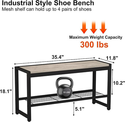 HOMEFORT 2 Tiers Shoe Bench, Retro Industrial Shoe Storage Bench with Mesh Shelf and Sturdy Metal Frame, Metal Shoe Rack Bench for Hallway, Mudroom, Living Room, Washed Gray