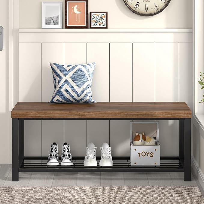 FOLUBAN Modern Entryway Bench - Rustic Wood and Metal Shoe Storage for Hallway Front Door Entrance, Industrial Indoor Seat for Bedroom Living Room, 43 Inch Walnut