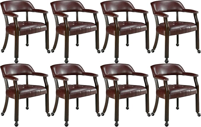 LEEMTORIG Set of 8 Large Dining Chairs with Casters and Arm, Rolling Dining Chairs with Wheel, Poker Chairs, Boss Caption's Chair, 26" D x 25.2" W x 31.5" H, Espresso Legs & Wine Red PU, XXY-1910-WR