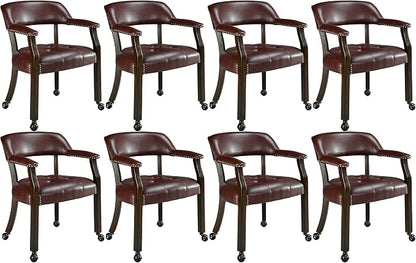 LEEMTORIG Set of 8 Large Dining Chairs with Casters and Arm, Rolling Dining Chairs with Wheel, Poker Chairs, Boss Caption's Chair, 26" D x 25.2" W x 31.5" H, Espresso Legs & Wine Red PU, XXY-1910-WR
