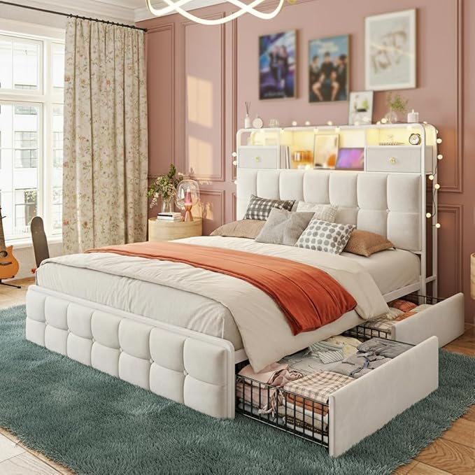 EnHomee Full Size Bed Frame with Velvet Upholstered Headboard and 6 Storage Drawers,Modern Bed Frame Full with LED Lights and Charging Station,No Box Spring Needed,Noise-Free, Easy Assembly,Beige