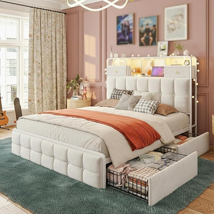 EnHomee Full Size Bed Frame with Velvet Upholstered Headboard and 6 Storage Drawers,Modern Bed Frame Full with LED Lights and Charging Station,No Box Spring Needed,Noise-Free, Easy Assembly,Beige