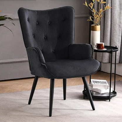 Furniliving Velvet Accent Chair Modern Upholstered Side Armchair with Tapered Legs Tufted Button Wingback Sofa Chairs Tall Back Reading for Living Room Bedroom Waiting Room, Black