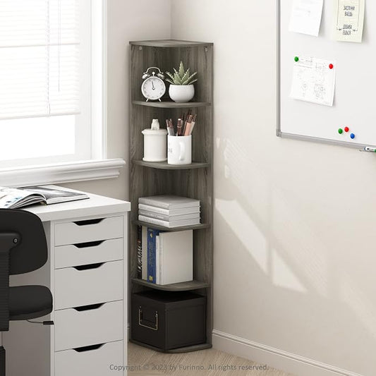 Furinno PASIR Book Shelf, 5-Tier Corner Bookshelf with Open Shelf, Standing Bookcase, 9.3 x 12 x 51.7, for Organization and Storage, for Living Room, Bedroom, Home Office, French Oak