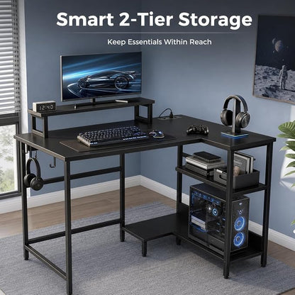 DEVAISE Compact 43" L Shaped Gaming Desk with LED Lights and Power Outlets - Corner Computer Table with Monitor Stand and Storage Shelves for Work and Gaming, Black